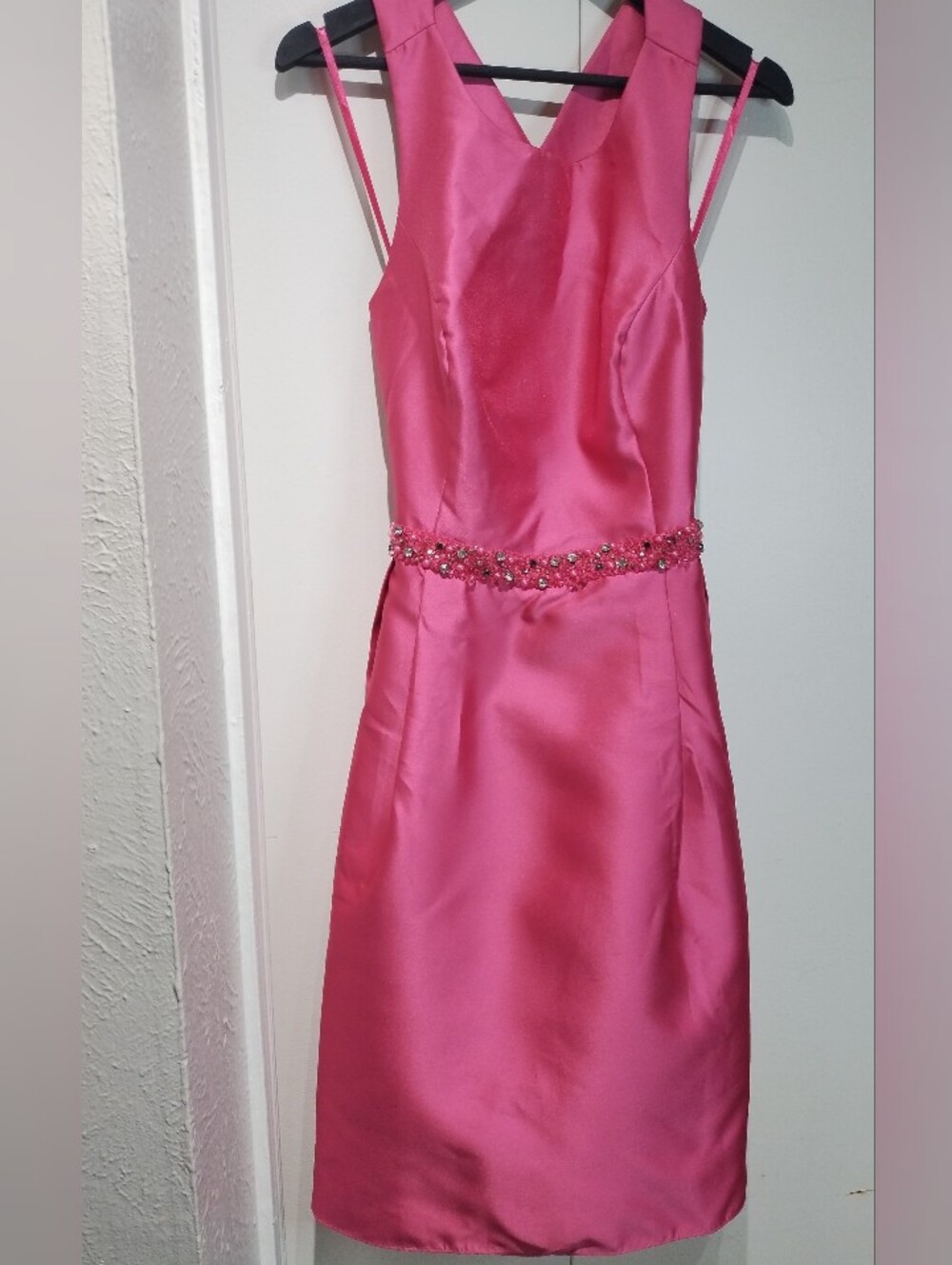 Cachet Hot Pink Satin Cocktail Dress with Beaded Waist